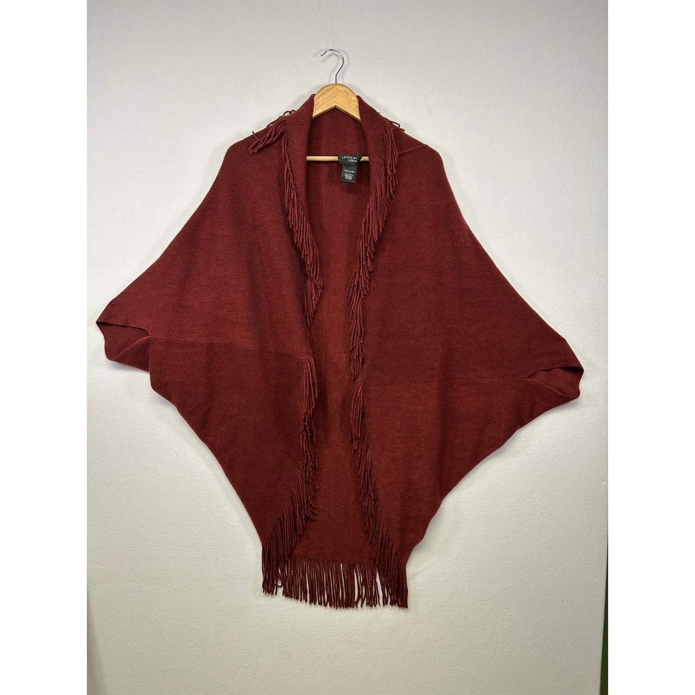 Boho Layers by Lizden Womens One Size Burgundy Fringe Trim Knit‎ Wrap Cardigan